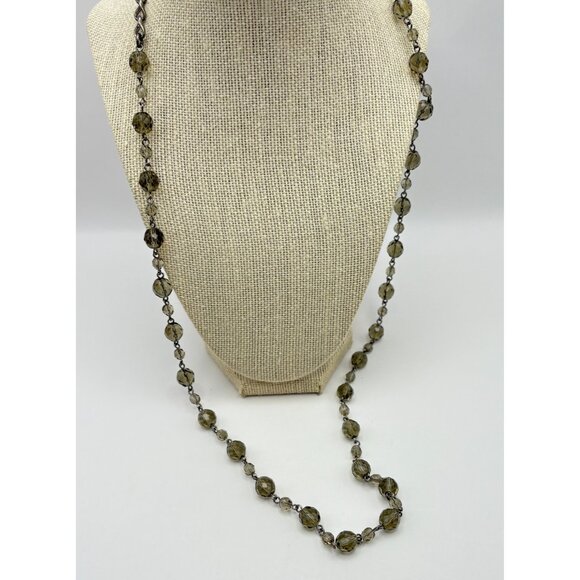 Long Faux Smoky Quartz Beaded Necklace Silver Tone Chain Faceted Beads - Picture 2 of 8